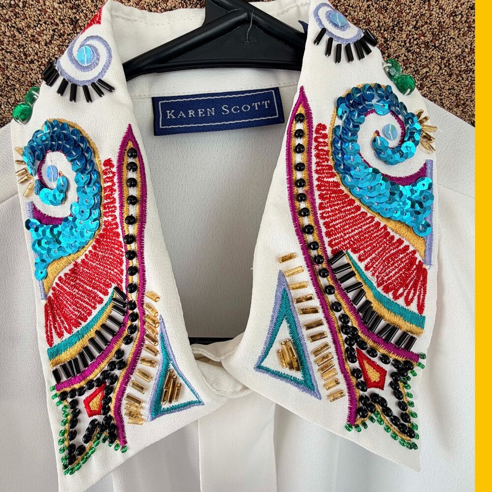 Karen Scott Vintage Beaded Art Deco Collar Blouse White Size 8